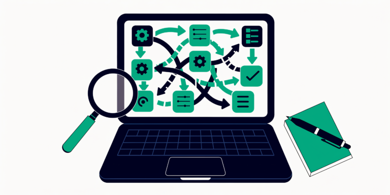 Magnifying glass over tangled laptop app connections illustrating small business tech debt