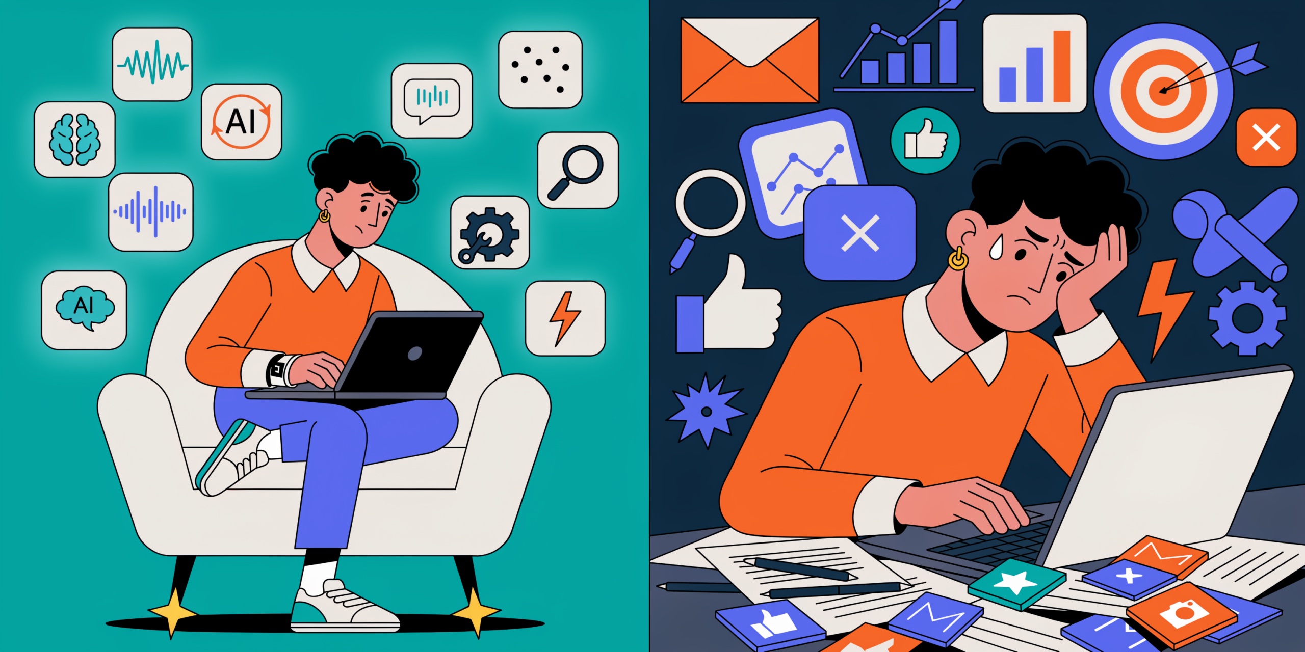 Small business owner calmly using AI tools versus overwhelmed by too many software apps
